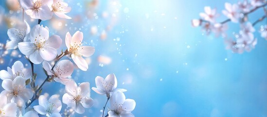 Aufkleber - Spring floral border with delicate white blossoms on left against a soft blue background, creating a serene springtime atmosphere with copy space.