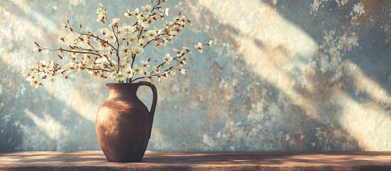 Poster - Elegant ceramic jug with delicate spring flowers against a textured blue wooden background, softly illuminated by natural light shadows.