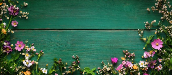 Aufkleber - Vibrant spring flowers in shades of pink and white arranged on a textured green wooden background with a horizontal orientation for a refreshing look