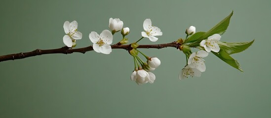 Aufkleber - Delicate cherry blossom branch in full bloom featuring white flowers and green leaves against a soft muted green background, showcasing spring beauty.