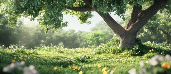 Poster - Lush spring meadow featuring a prominent oak tree with vibrant green leaves, soft sunlight filtering through the foliage, and colorful wildflowers scattered across the foreground.