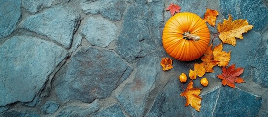 Poster - Thanksgiving autumn decoration with orange pumpkin and vibrant autumn leaves on grey stone background flat lay top view with ample copy space