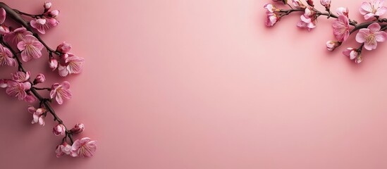 Aufkleber - Elegant cherry blossom branches in soft pink hues, positioned diagonally on a pastel pink background, creating a serene springtime ambiance.