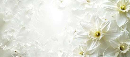 Poster - Elegant white daffodils on a soft, light background with a clear space on the right for personalized text or creative captions.