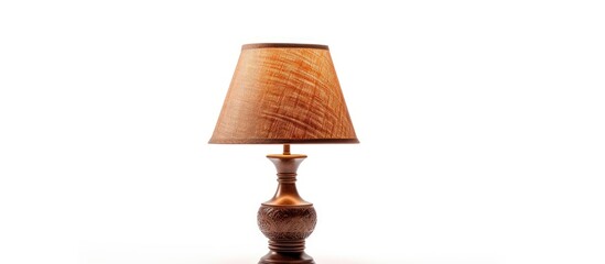 Poster - Elegant wooden table lamp featuring a soft beige shade, centered against a bright white background, showcasing its classic design and warm tones.