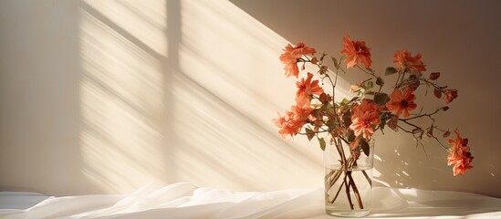 Poster - Soft sunlight casting gentle shadows on a beige wall with a glass vase of orange flowers placed on a white cloth in a serene, warm atmosphere.