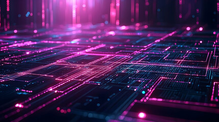 Abstract Digital Network Of Glowing Blue And Pink Lines Over Black Background