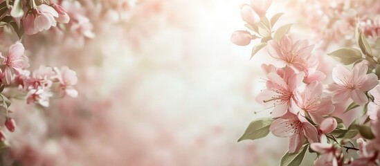 Aufkleber - Cherry blossom flowers in soft pink hues arranged along the top and bottom of a light wooden background creating a serene springtime frame.