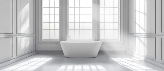 Aufkleber - Elegant white bathroom with large windows creating an airy atmosphere highlighting the freestanding tub centered on a light gray floor.