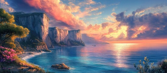 Poster - Vibrant dawn coastal landscape showcasing towering cliffs in shades of blue and pink reflected in crystal clear waters under a colorful sky.
