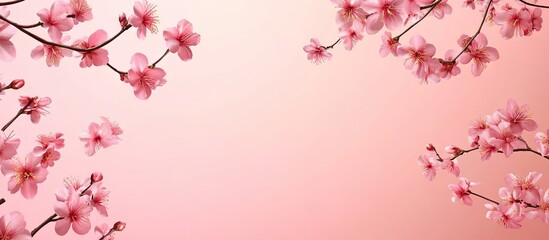Aufkleber - Delicate cherry blossom branches with soft pink flowers on a gentle gradient pink background creating a serene spring ambiance.