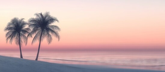 Poster - Silhouette of two palm trees on a serene beach at sunset with a vintage pastel gradient sky and calm ocean waves in the background.