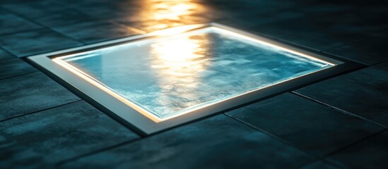 Aufkleber - Glass floor icon illuminated with soft blue light, surrounded by dark tile, symbolizing innovation and progress in software development.