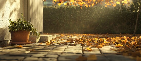 Poster - Autumn leaves in golden brown hues blanket a sunlit cobblestone path with a potted plant on the side, creating a cozy outdoor atmosphere.