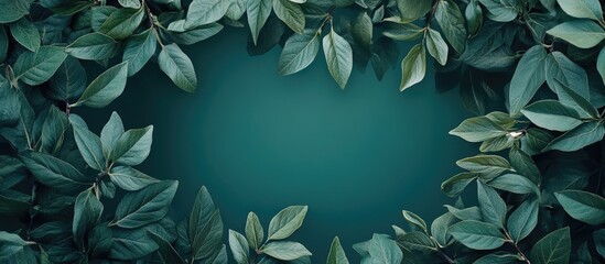 Poster - Spring nature background featuring a lush green leaf frame against a deep teal backdrop with a vibrant natural theme and rich foliage texture.