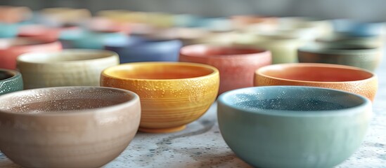 Aufkleber - Colorful ceramic bowls arranged artistically on a textured surface with a blurred background showcasing vibrant orange, green, blue, and beige tones.