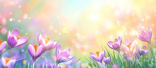 Leinwandbilder - Vibrant crocus flowers in soft purple hues scattered across lush green grass under a dreamy pastel sky with magical bokeh effects in the background