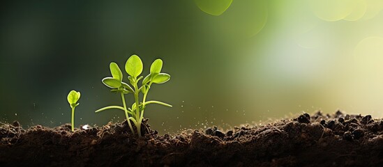 Poster - Growing plants emerging from rich dark soil against a blurred green background with soft lighting highlighting vibrant green leaves on the left.