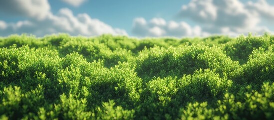 Leinwandbilder - Lush green meadow under a bright blue sky with fluffy white clouds, featuring a vibrant bokeh effect from the sunlight filtering through.