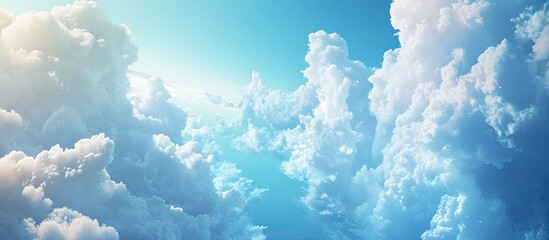 Poster - Serene fluffy white clouds in a bright blue sky with a gradient of azure hues creating a tranquil and peaceful atmospheric scene