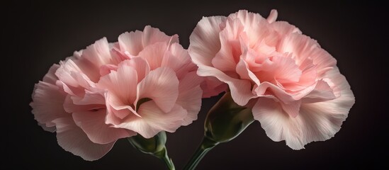 Aufkleber - Delicate soft pink carnation blooms with layered petals positioned symmetrically against a dark backdrop creating dramatic visual contrast and elegance