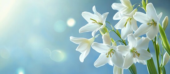 Poster - Spring bouquet of delicate white bell flowers arranged on the right side against a soft blue background with blurred light effects on the left