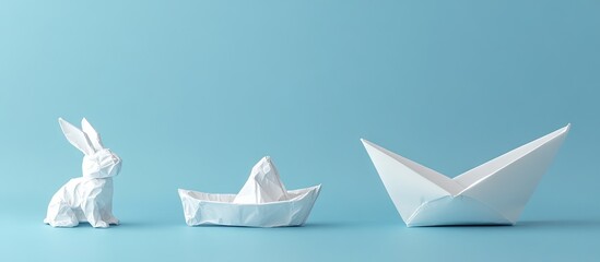 Aufkleber - Crumpled paper origami figures including a white rabbit, boat, and plane on a soft blue background arranged from left to right in a playful composition