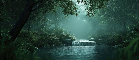 Fototapete - Serene forest stream with cascading water surrounded by lush greenery and misty atmosphere, featuring deep green tones and soft light.