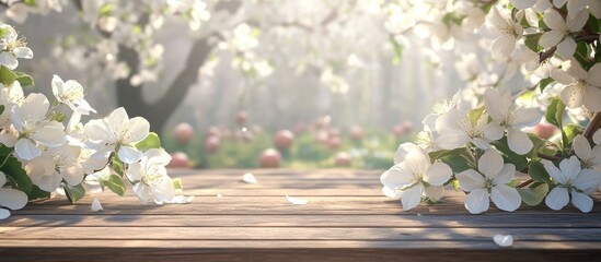Aufkleber - Spring landscape featuring a wooden table with white blossoms in the foreground and soft sunlight illuminating an apple orchard in the background