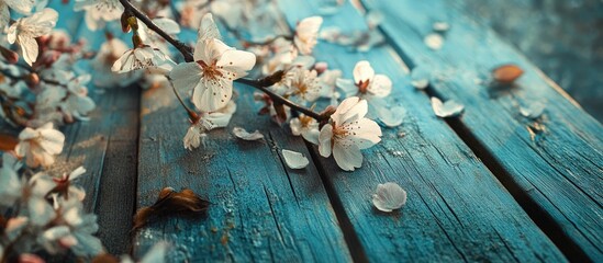 Aufkleber - Delicate cherry blossom branches in soft pink hues arranged on a textured turquoise wooden background with scattered petals.