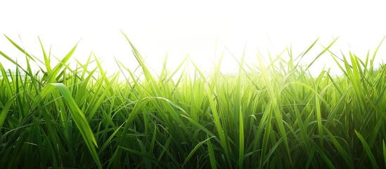 Poster - Lush green rice field under bright sunlight with vibrant grass in the foreground and a clear sky creating ample space for text or design.