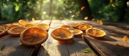 Poster - Dried orange slices scattered on a wooden table with soft sunlight filtering through lush green trees creating a warm natural ambiance