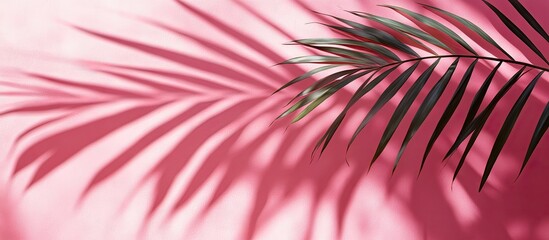 Poster - Tropical leaf shadow intricately cast on a vibrant pink background, showcasing dark green leaf details and a strong contrast with soft pink hues.