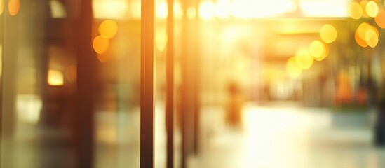 Aufkleber - Golden sunlight streaming through blurred glass panels with warm bokeh effects creates a serene atmosphere in a modern indoor setting.