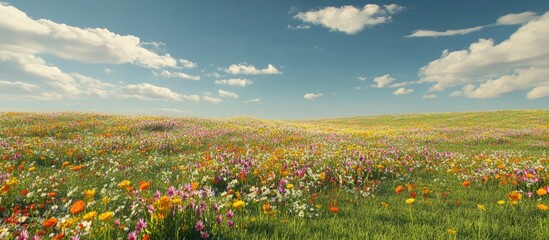 Aufkleber - Vibrant colorful wildflower meadow under a bright blue sky with fluffy white clouds creating a serene, picturesque natural landscape scene.