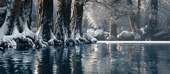 Aufkleber - Snowy tree trunks with reflections in a tranquil lake scene showcasing cool blues and whites in the serene winter landscape on calm water