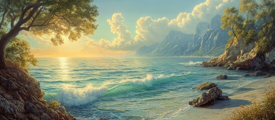 Aufkleber - Tranquil ocean scene at sunrise with vibrant orange and yellow hues reflecting on calm blue waters, surrounded by rocky shores and green trees.