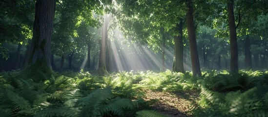 Poster - Sunlight filtering through lush beech trees illuminating a vibrant green forest floor covered with ferns in a serene woodland setting.