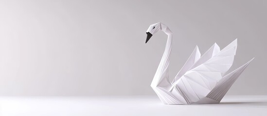 Leinwandbilder - Elegant white origami swan positioned on right side against minimalist white background showcasing delicate details and graceful lines of paper art.