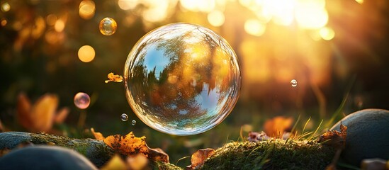 Poster - A serene bubble floating above vibrant autumn leaves in soft focus, illuminated by warm golden sunlight in a lush outdoor setting.