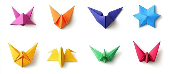 Poster - Colorful origami figures including butterflies and stars in pink, orange, blue, yellow, green, and red arranged on a white background for creativity.