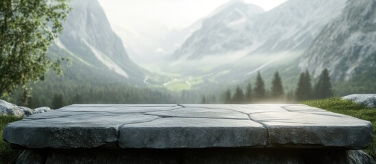 Aufkleber - Stone table positioned centrally on a valley floor, surrounded by lush green hills and foggy mountains in the background under soft daylight.