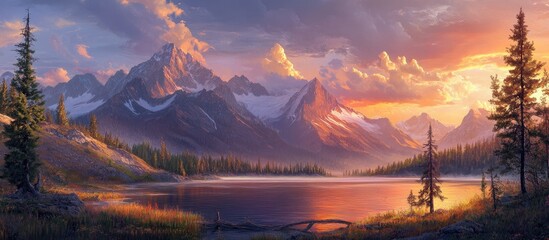 Poster - Dramatic sunset colors painting the sky above golden mountains, with a tranquil lake in the foreground reflecting the vibrant hues at dusk.