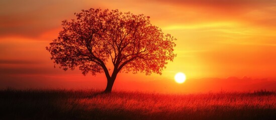 Poster - Majestic autumn sunrise over a silhouette tree in vibrant orange and yellow hues against a soft gradient background of warm colors.