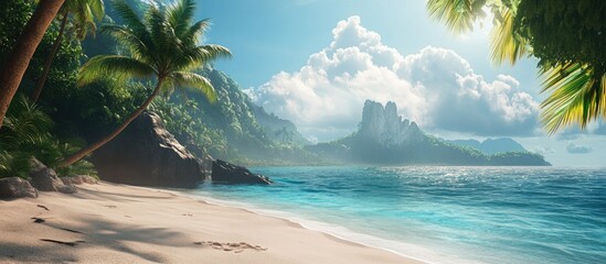 Poster - Tranquil tropical beach scene with lush green palm trees on the left, soft sandy shore, azure ocean waves, and distant mountains under a bright blue sky.