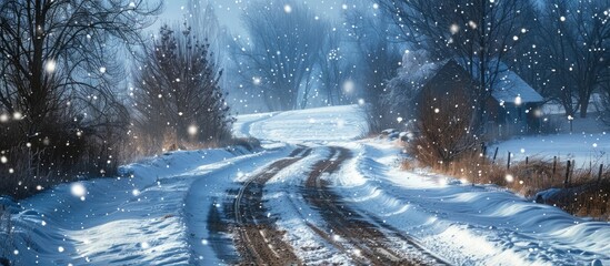 Aufkleber - Winter landscape featuring a snowy rural road with soft blue and white hues, flanked by trees and a distant house, under a gentle snowfall.