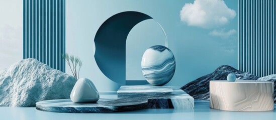 Leinwandbilder - Abstract minimalist scene featuring blue geometric marble elements with spherical and angular shapes set against a vibrant blue backdrop and clouds.