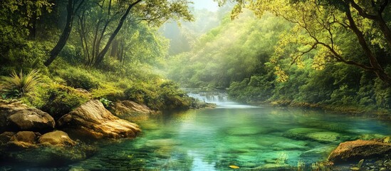 Poster - Breathtaking serene river landscape featuring vibrant green foliage on both banks with sunlight filtering through trees creating a tranquil atmosphere