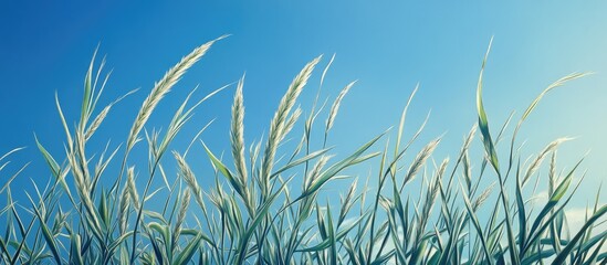 Fototapete - Vibrant green grass sways gently under a serene blue sky with softly rustling leaves, creating a tranquil natural scene filled with harmony.