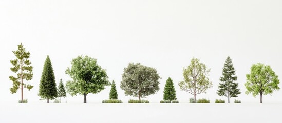 Aufkleber - Collection of diverse tree species arranged in a row on a white background featuring vibrant greens and earthy browns with varying leaf shapes and sizes.